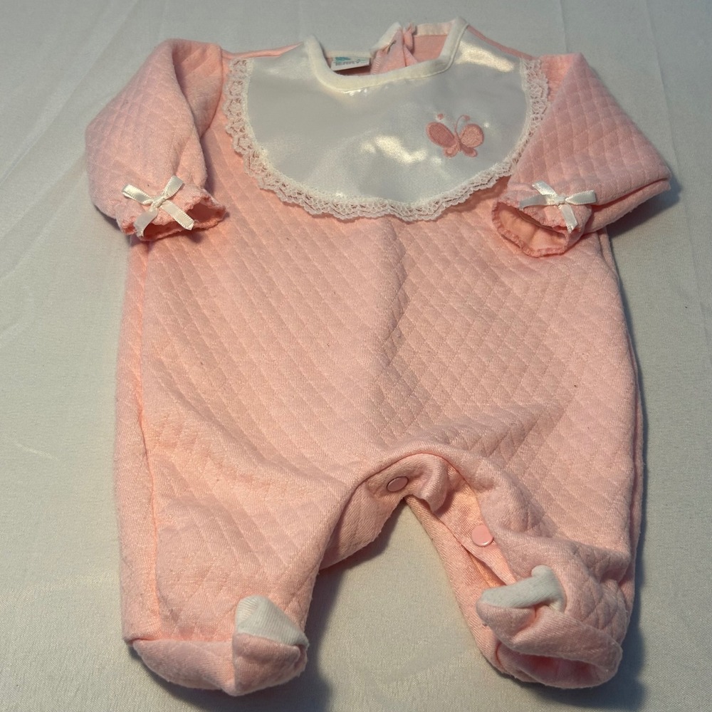 Vintage Terry Baby Girl Pink Quilted Romper with‎ Bib Butterfly Bows Small